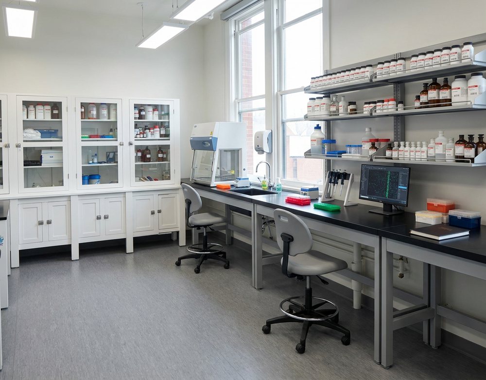 Digitally rendered from the archive photograph: Same room, sink and window; white laminate casework, an epoxy benchtop, a biosafety cabinet and a monitor replace the wooden cabinets and bottles.