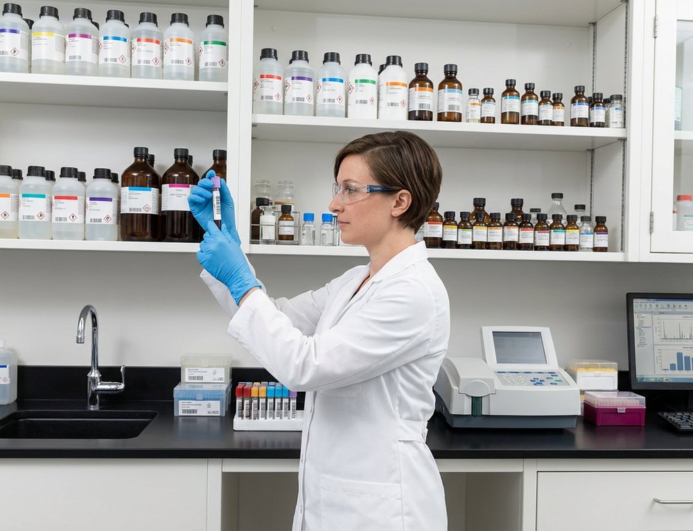 Digitally rendered from the archive photograph: Same bench and shelves; a benchtop chemistry analyzer, barcoded tubes and a monitor replace the 1942 test-tube racks and bottles.