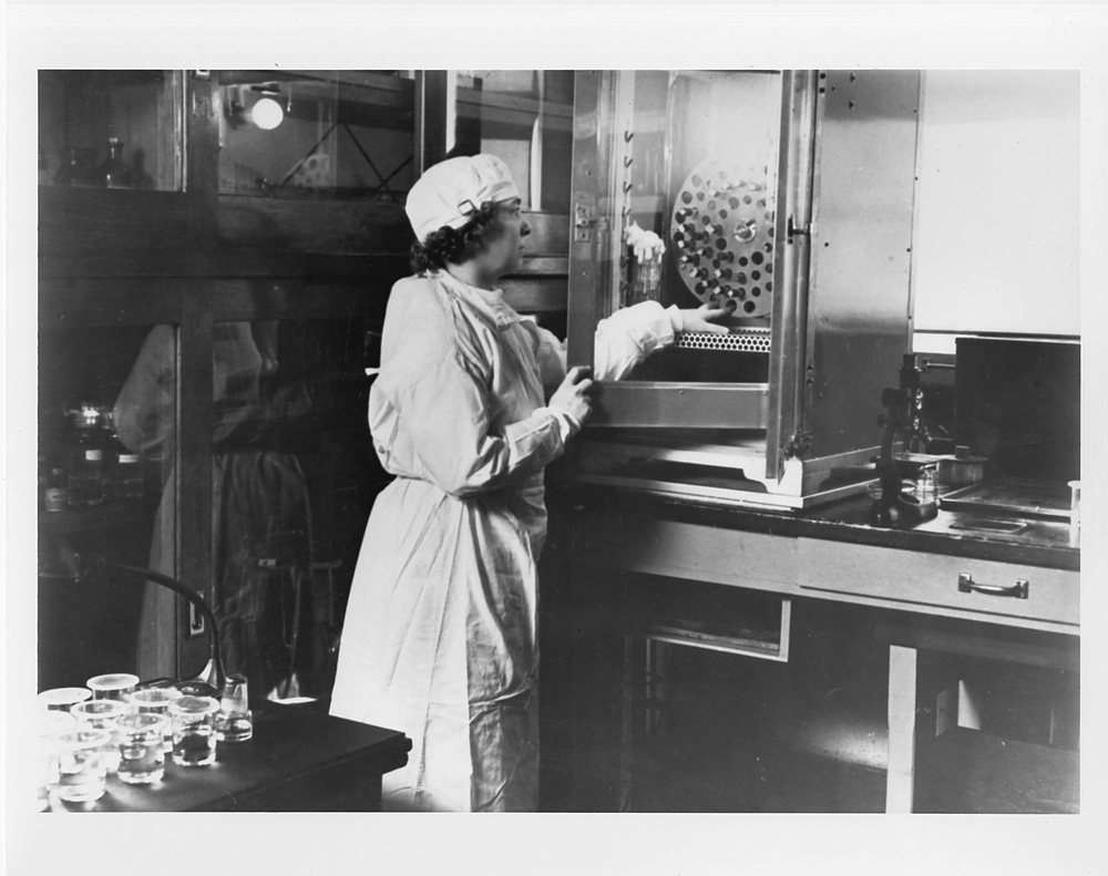 A woman in a white gown and cap stands at an incubator with its glass door open, holding a culture plate up to the light; a rack of small glass dishes sits on the bench in the foreground.