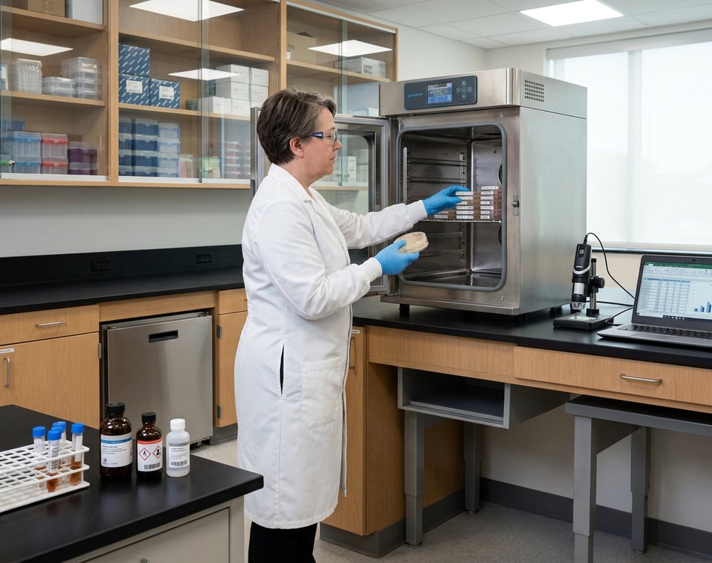 Digitally rendered from the archive photograph: Same room and incubator wall; a modern CO2 incubator, a stack of labeled culture plates and a laptop replace the 1937 glass-doored cabinet and dishes.