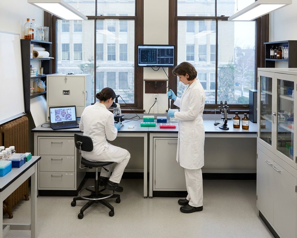 Digitally rendered from the archive photograph: Same windows and bench; a digital microscope with a monitor, a rack of barcoded tubes and a laptop replace the 1944 flask, jars and paper wall.