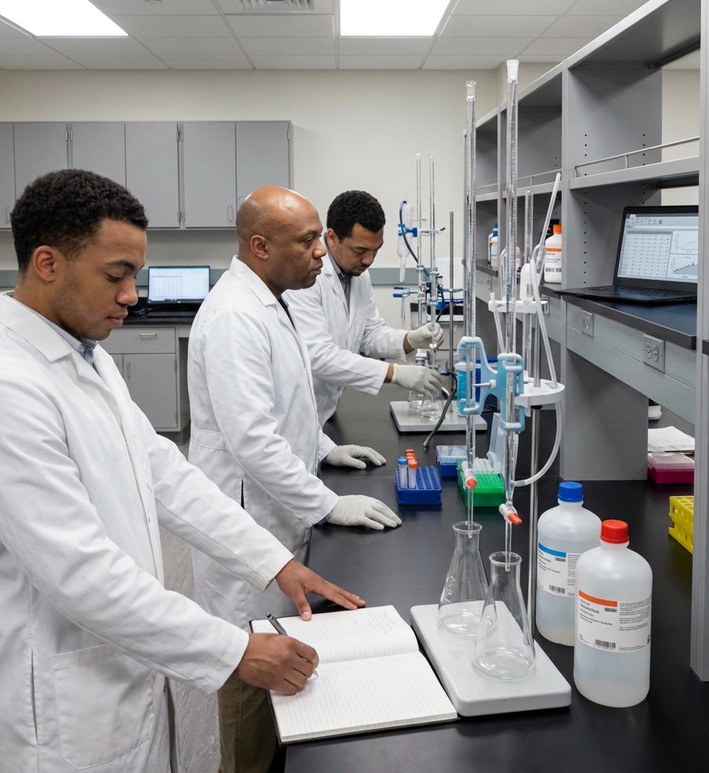 Digitally rendered from the archive photograph: Same bench and the same three men in the same places, now in white lab coats and gloves; modern burettes on retort stands, labeled reagent bottles, tube racks and two laptops replace the 1942 carboys and glass tubing, and the open notebook stays.