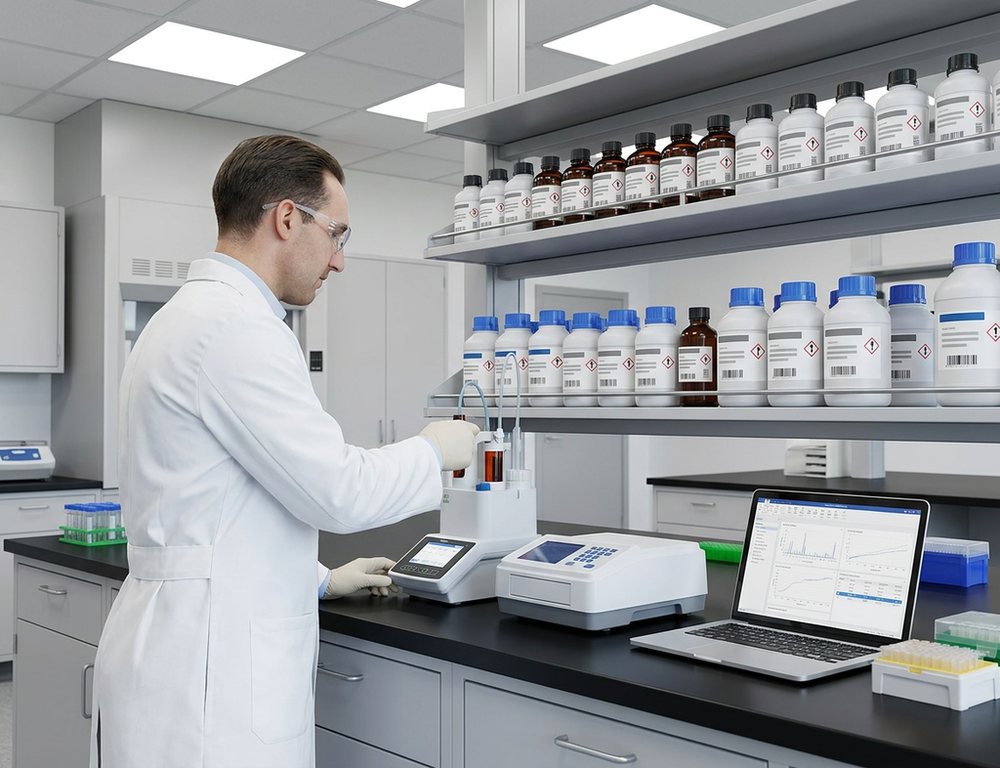 Digitally rendered from the archive photograph: Same bench and shelf; an automated titrator, a plate reader and a laptop replace the 1942 burettes and glass apparatus.