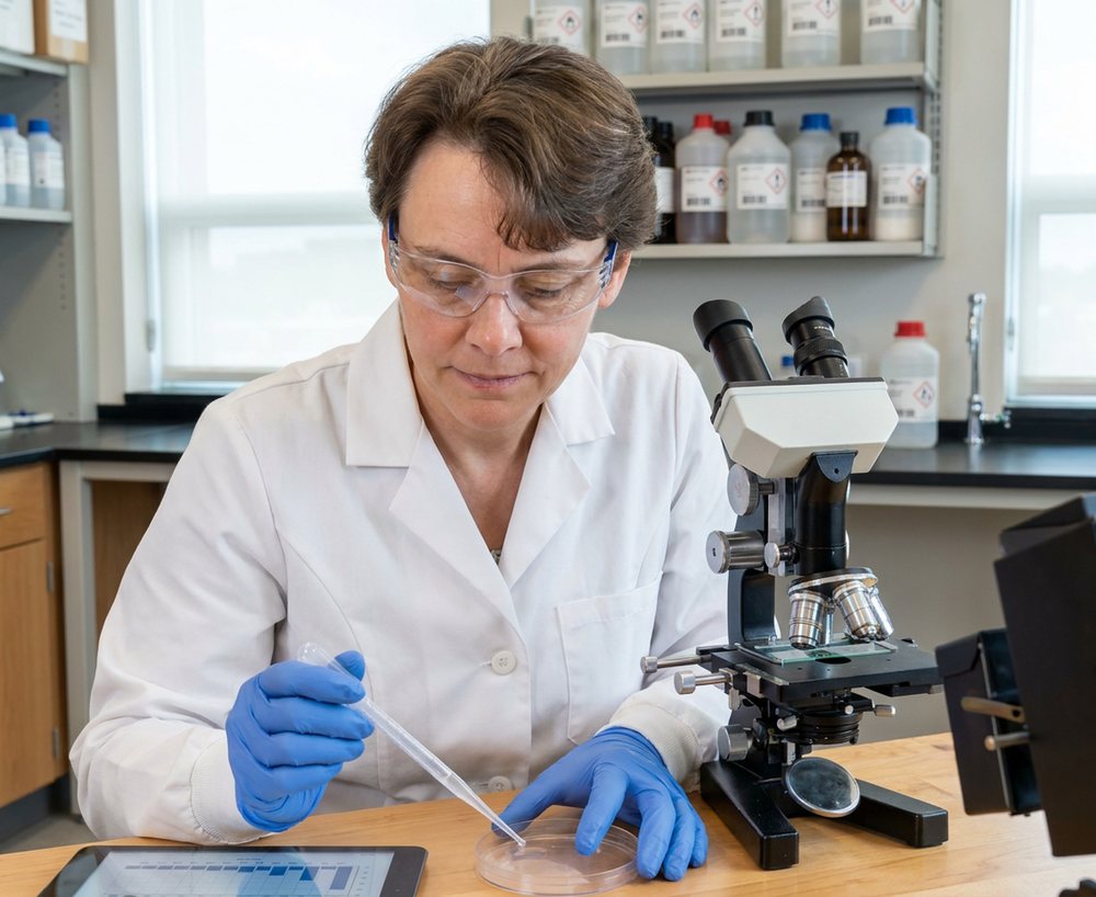 Digitally rendered from the archive photograph: Same bench, same window. A scientist in gloves and safety glasses holds a dropper over two petri dishes, beside a microscope with a camera and a screen, a rack of capped tubes and a closed notebook.