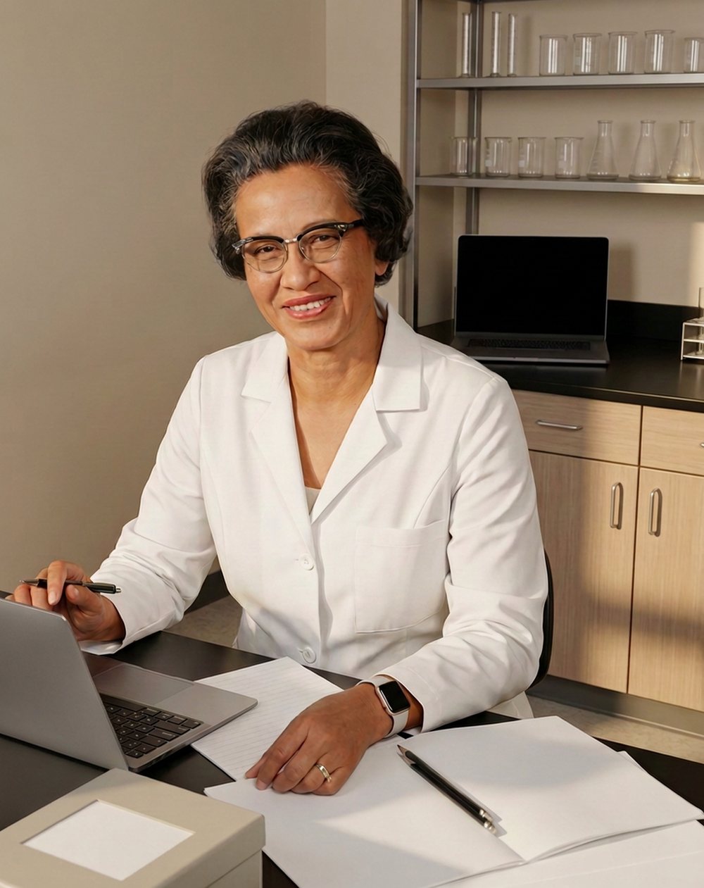 Digitally rendered from the archive photograph: Same desk, same smile, pen and papers, in a white lab coat; a laptop replaces the 1966 calculating machine and a closed box the card file, the wall picture is gone, and laboratory casework with shelves of glassware stands behind her.