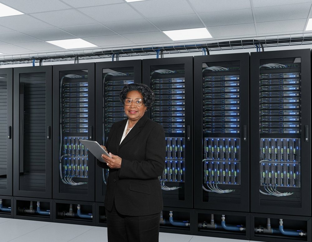 Digitally rendered from the archive photograph: Same wall of racks; a tablet in hand and a bank of flat monitors replace the 1977 panels and paper.