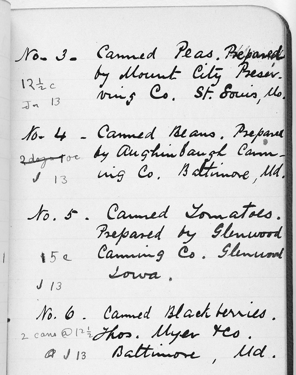 A page of a small lined pocket notebook written in ink: numbered sample entries for canned peas, beans, tomatoes and blackberries, each with the packer's name and town, and the price paid and the date in the margin.