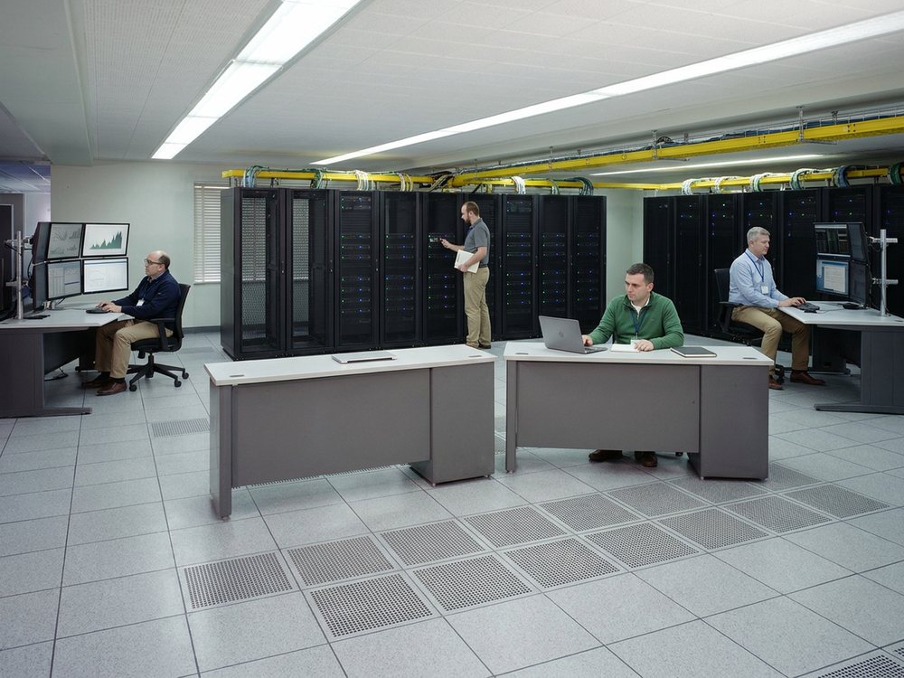 Digitally rendered from the archive photograph: Same room and floor; slim server racks, flat monitors and a single workstation replace the 1973 tape drives and consoles.