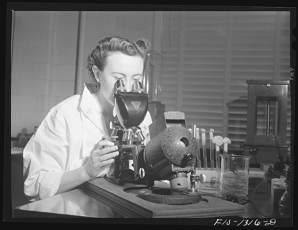 A woman in a white coat looks into a binocular microscope fitted with a lamp; a rack of pipettes and a beaker stand beside her on the bench.