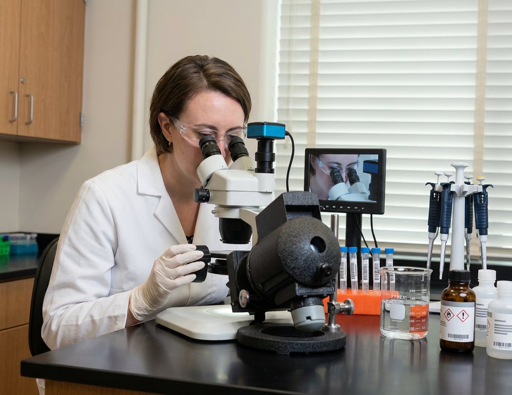 Digitally rendered from the archive photograph: Same bench; a digital microscope with a camera port and a monitor, and a rack of barcoded tubes, replace the 1942 microscope lamp and pipettes.