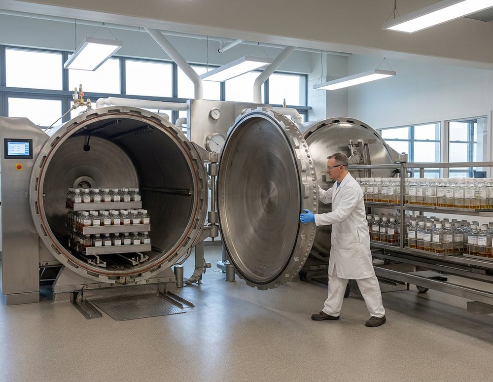 Digitally rendered from the archive photograph: Same autoclave hall and door; a stainless steel autoclave with a touch-screen controller and racks of sealed media bottles replace the 1943 glass containers.