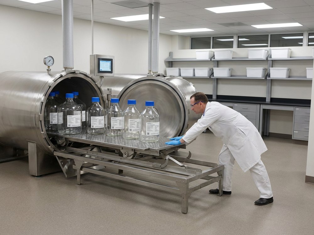 Digitally rendered from the archive photograph: Same hall and autoclave doors; a stainless rack of sealed media bottles replaces the 1943 carboys, and a single gauge and a touch-screen controller replace the bank of dials and valves.