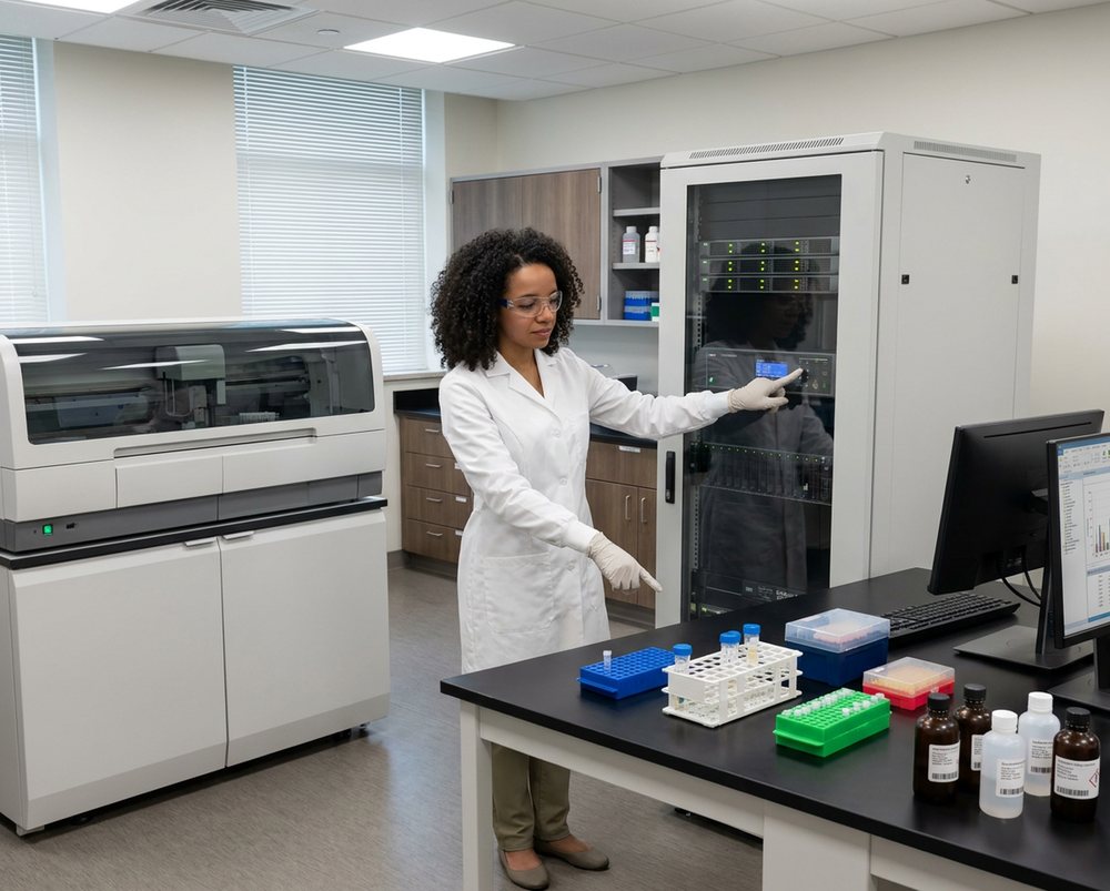 Digitally rendered from the archive photograph: Same room and window, same pointing gesture, in a white lab coat and gloves; a server rack replaces the 1973 computer cabinet, a large automated analyzer stands where the console was, and a bench with tube racks, reagent bottles and two monitors fills the foreground.
