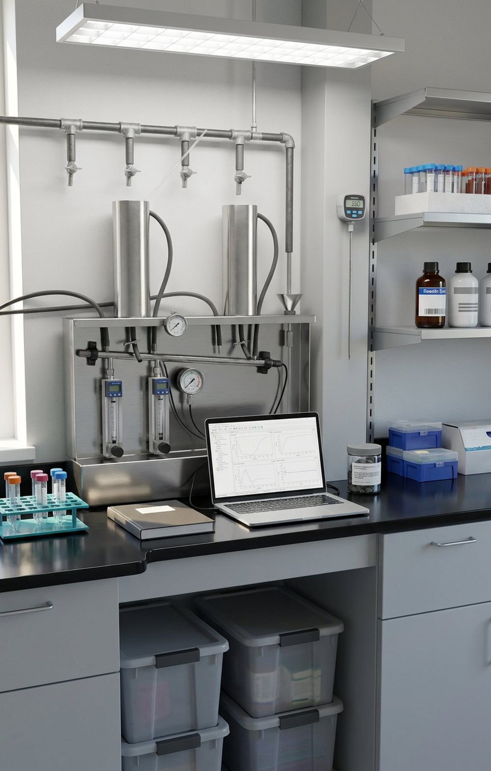 Digitally rendered from the archive photograph: Same bench and manifold wall; a modern permeameter with digital readouts and a laptop replace the 1939 brass tubes and the penciled notebook.