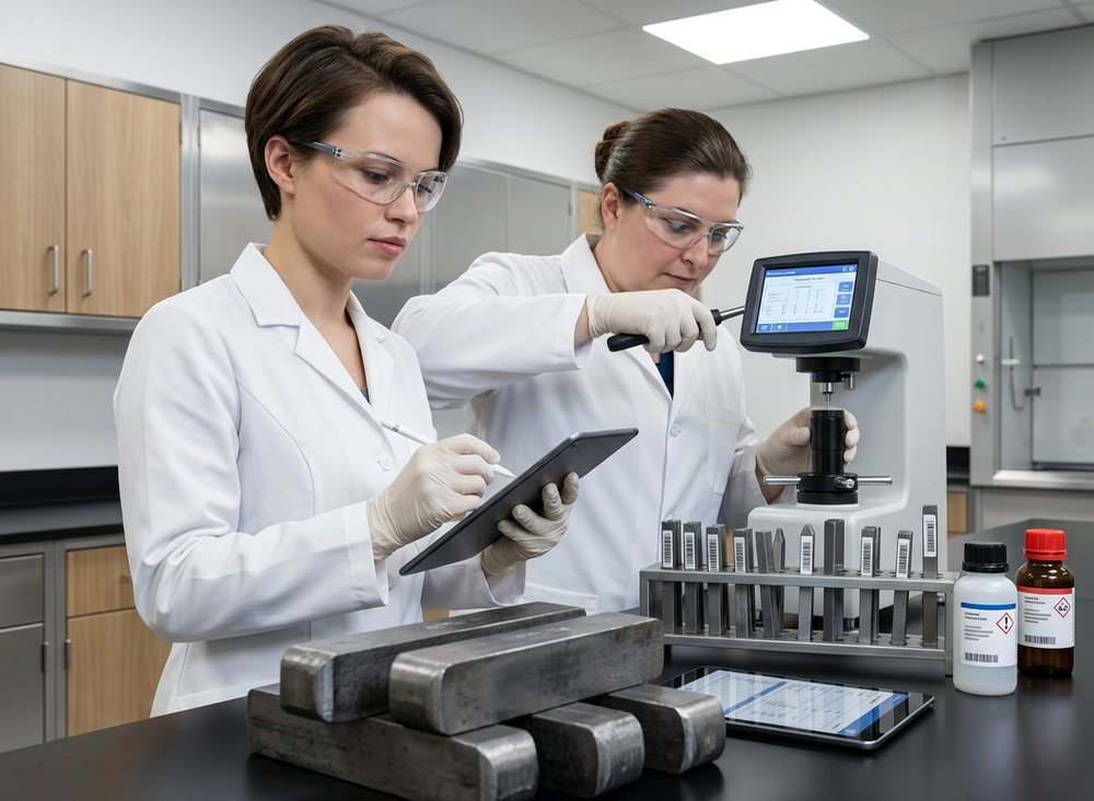 Digitally rendered from the archive photograph: Same bench of steel test samples; barcoded test bars in a rack and a tablet replace the 1943 hammer, number punch and clipboard.