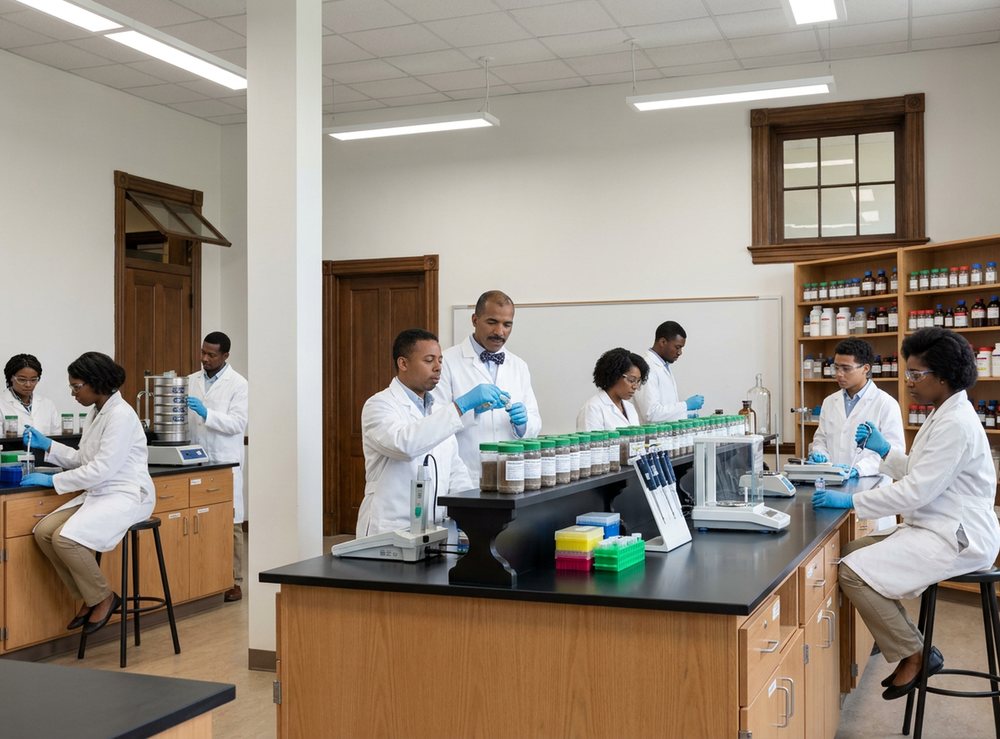 Digitally rendered from the archive photograph: Same room, windows and benches; a sieve shaker, a digital balance, a pH meter and racks of capped soil-sample jars replace the 1902 glassware, and a blank whiteboard replaces the blackboard.
