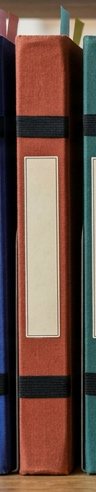 Digitally rendered: the spine of a rust red cloth notebook on a wooden shelf.