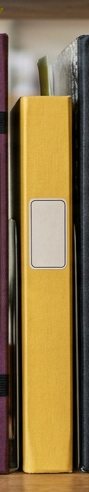 Digitally rendered: the spine of a yellow cloth notebook on a wooden shelf.