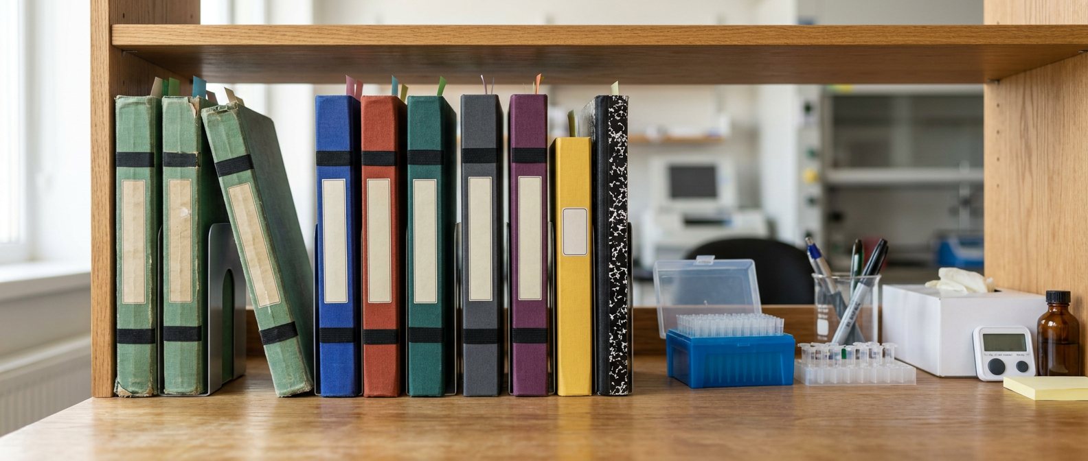 Digitally rendered: ten thin hardbound laboratory notebooks stand spines out on a wooden shelf above a laboratory bench, each with a blank cream label. Three faded green volumes come first, the third leaning on the second, then blue, rust red, dark teal, gray and plum notebooks, a shorter yellow one and a black marbled composition book. To the right are a box of pipette tips, a tube rack, a beaker of pens, a box of gloves, a timer and an amber bottle.