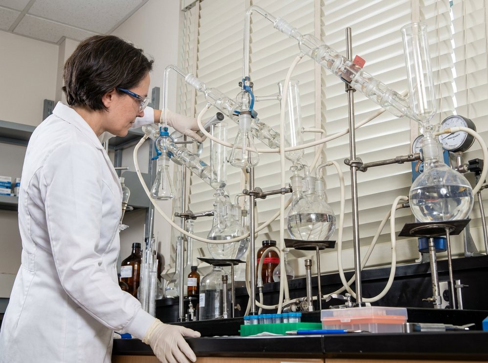 Digitally rendered from the archive photograph: Same bench and glassware wall; a rotary evaporator, a fume-hood sash and a benchtop balance replace the hand-built distillation train.