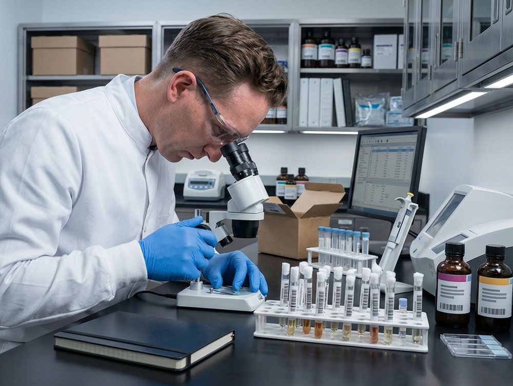 Digitally rendered from the archive photograph: Same bench and window light; a microscope, a benchtop analyzer and a rack of barcoded tubes replace the 1942 glassware, and modern casework replaces the card-file drawers.