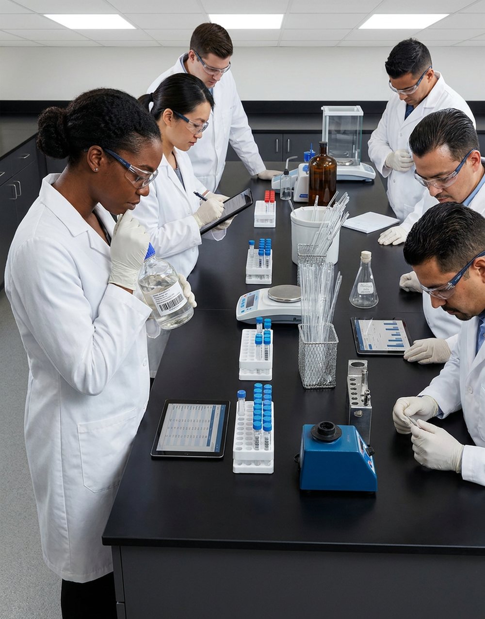 Digitally rendered from the archive photograph: Same bench, same crowd of students; barcoded sample tubes in racks, a tablet and a label printer replace the paper cups, the pad and the textbook.