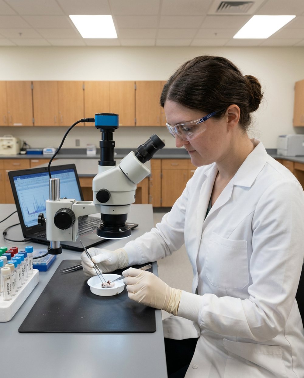 Digitally rendered from the archive photograph: Same bench and glass case; a stereo microscope with a camera, a tray of labeled specimen tubes and a laptop replace the 1930 instruments.