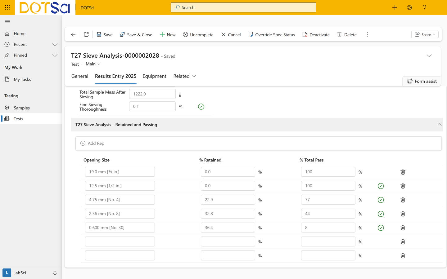 The DOTSci result entry screen with values checked against the method and the validate-results control.